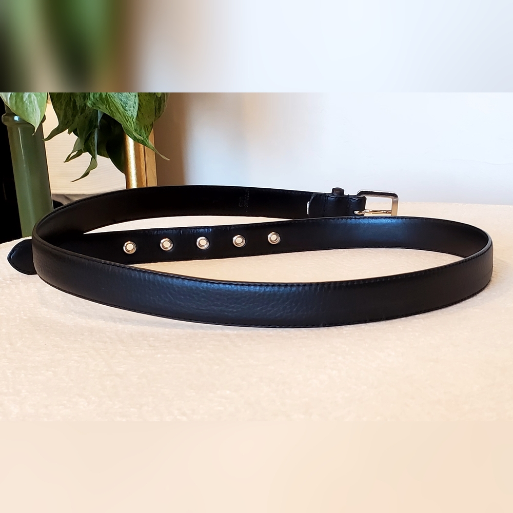 Ralph Lauren Black Leather Silver Monogram Buckle Silver Grommet Belt Lg EUC - Picture 3 of 16